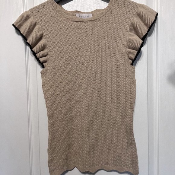 Ally Mae Tan & Black Trim Flutter Short Sleeve Sweater-Size Large-Women's-Casual - Picture 2 of 14